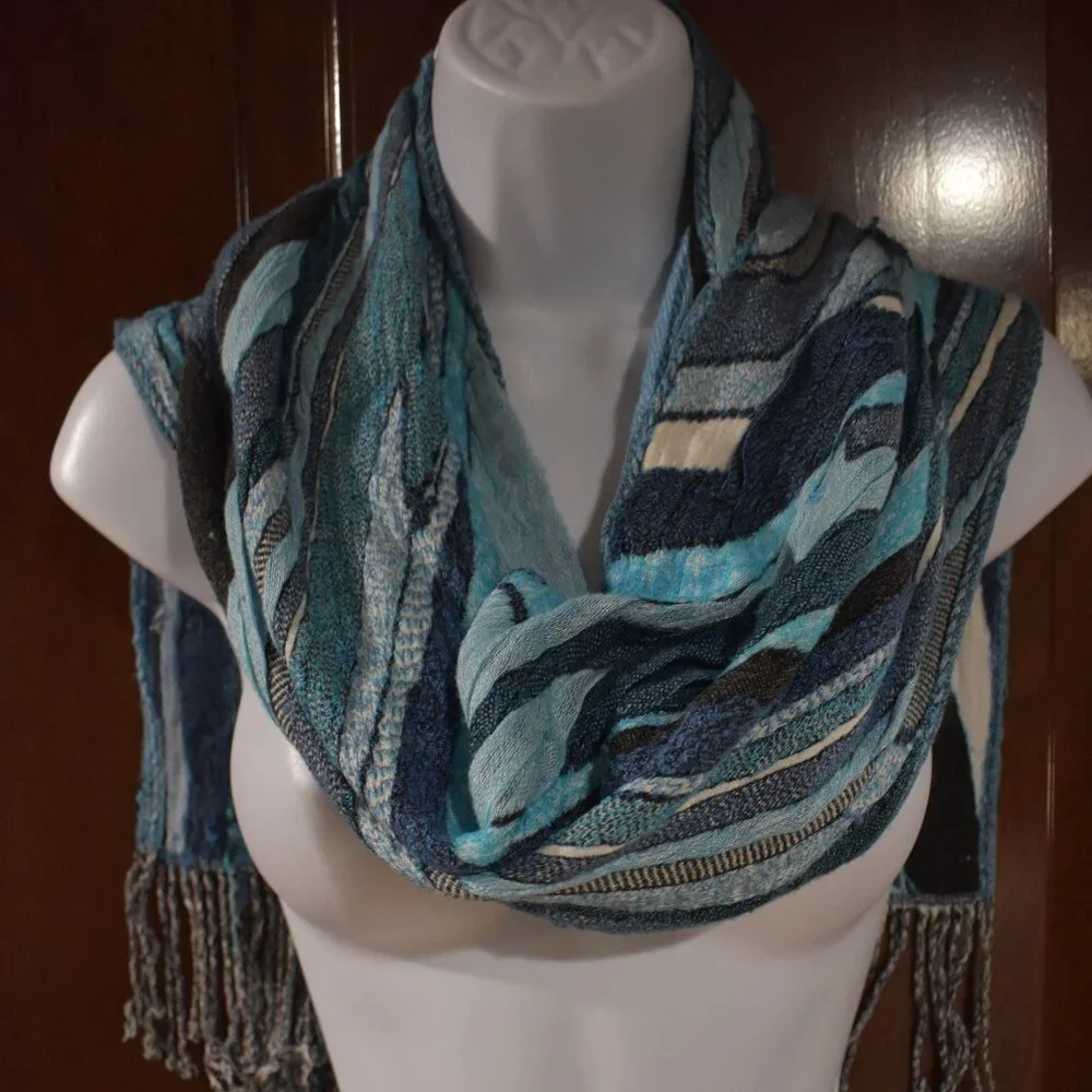Tolani Blue Black Colorful Long Fringe Scarf